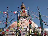 Manaslu 00 08 Kathmandu Boudhanath Kathmandus 36m-high Boudhanath Stupa is the largest stupa in Nepal, and one of the largest in the world. It is a religious centre for Nepal's considerable population of Tibetans. It supposedly dates from 5C AD. With three square tiers surrounding the central circle of the dome, Boudhanath is built in the form of a mandala, a symbol of the universe that is often used in Buddhist meditations.